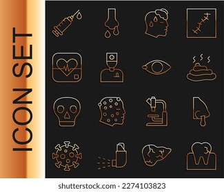 Set line Tooth with caries, Runny nose, Shit, High human body temperature, Male doctor, Heart rate, Syringe and Blindness icon. Vector