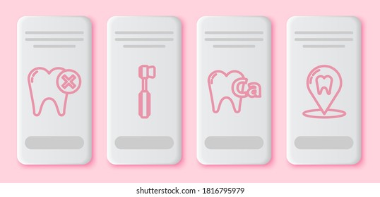 Set line Tooth with caries, Toothbrush, Calcium for tooth and Dental clinic location. White rectangle button. Vector