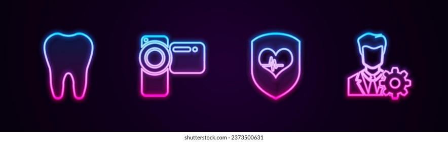 Ajuste la línea Diente, Cámara de cine, Escudo y frecuencia cardíaca y Configuración de perfil. Icono de neón brillante. Vector