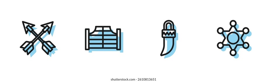 Set line Tooth, Crossed arrows, Saloon door and Hexagram sheriff icon. Vector