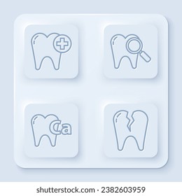 Set line Tooth, Dental search, Calcium for tooth and Broken tooth. White square button. Vector