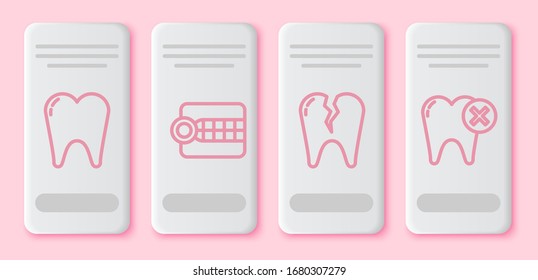 Set line Tooth, Dentures model, Broken tooth and Tooth with caries. White rectangle button. Vector