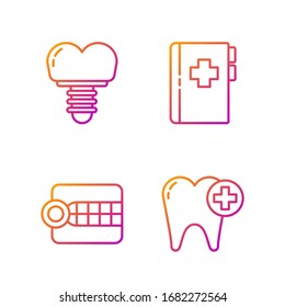 Set line Tooth, Dentures model, Dental implant and Clipboard with dental card. Gradient color icons. Vector