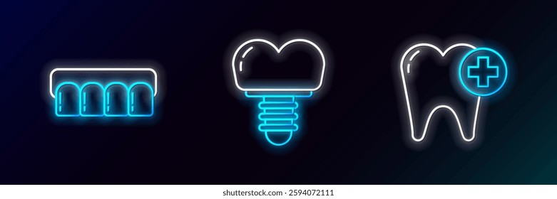 Set line Tooth, Dentures model and Dental implant icon. Glowing neon. Vector