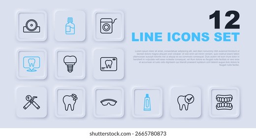 Diente de la línea del conjunto, modelo de las dentaduras postizas, implante dental, tubo de la pasta de dientes, ubicación de la clínica, roto, enjuague bucal y gafas de seguridad icono. Vector