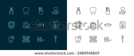 Set line Tooth, Dentures model, Safety goggle glasses, Toothbrush with toothpaste, and, Dental pliers and  icon. Vector