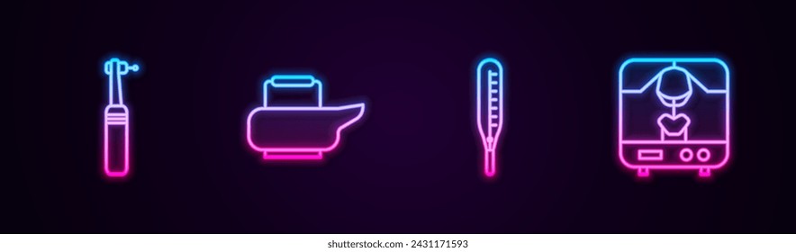 Taladro dental, cuña, termómetro médico y máquina de rayos X. Icono de neón brillante. Vector