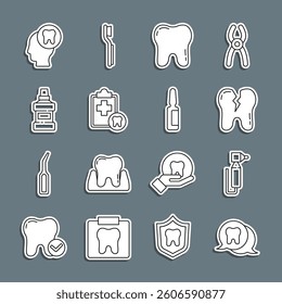 Set line Tooth, drill, Broken tooth, Dental card, Mouthwash bottle, Human head with and Painkiller tablet icon. Vector