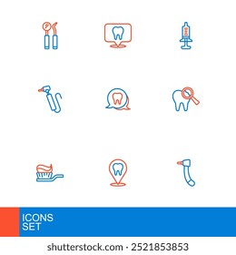 Set line Taladro de dientes, ubicación de la clínica dental, cepillo de dientes con pasta de dientes, roto, jeringa e icono. Vector