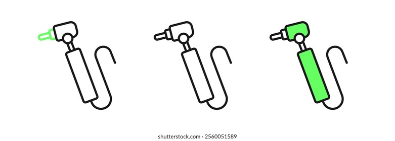 Set line Tooth drill icon isolated on white background. Dental handpiece for drilling and grinding tools.  Vector