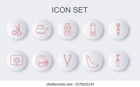 Set Line Tooth Drill, Nurse Hat With Cross, Organ Container, Inhaler, Medical Scissors, Bedpan, Tomography And Tweezers Icon. Vector