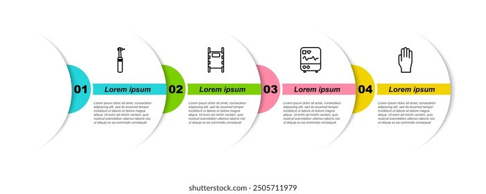 Set line Tooth drill, Stretcher, Monitor with cardiogram and Medical rubber gloves. Business infographic template. Vector