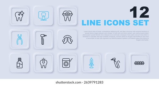 Set line Tooth drill, Teeth with braces, Syringe, Dental pliers, Broken tooth, clinic location and floss icon. Vector