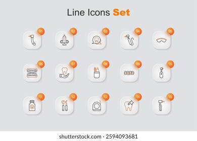 Set line Tooth drill, whitening, Dental floss, mirror and probe, Toothache painkiller tablet, Electric toothbrush, Teeth with braces and Toothbrush toothpaste icon. Vector
