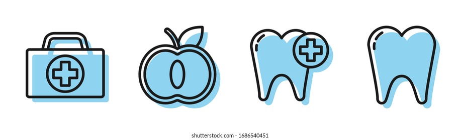 Set line Tooth, First aid kit, Apple and Tooth icon. Vector