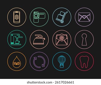 Set line Tooth, Keyhole, Hand truck and boxes, Kettle with handle, Coffee machine cup, Smartphone dollar, Mail e-mail and Cinema camera icon. Vector