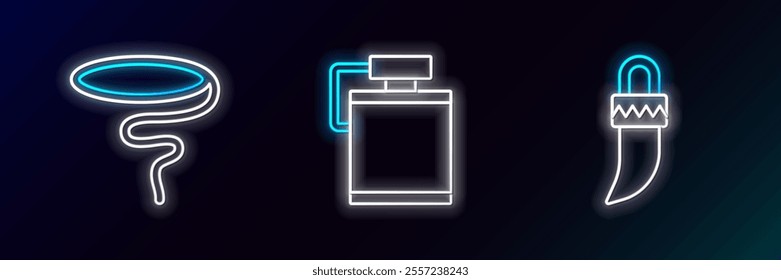 Set line Tooth, Lasso and Canteen water bottle icon. Glowing neon. Vector