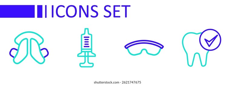 Set line Tooth, Safety goggle glasses, Syringe and Dental tooth plate icon. Vector