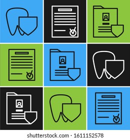 Set line Tooth with shield, Document with shield and Confirmed document and check mark icon. Vector