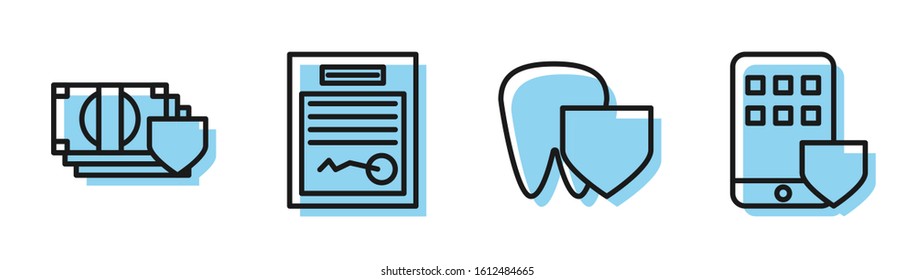 Set line Tooth with shield, Money with shield, Filled form and Smartphone insurance icon. Vector