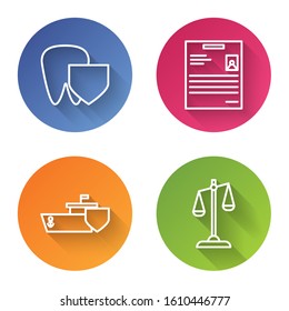 Set line Tooth with shield, Personal document, Ship with shield and Scales of justice. Color circle button. Vector