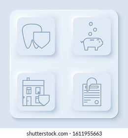 Set line Tooth with shield, Piggy bank with coin, House with shield and File document and paper clip. White square button. Vector