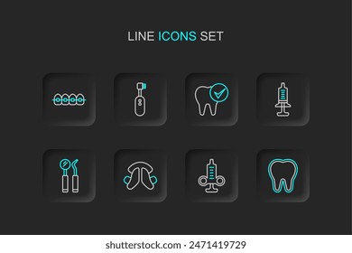 Set line Tooth, Syringe, Dental tooth plate, mirror and probe, Electric toothbrush and Teeth with braces icon. Vector