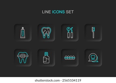 Set line Tooth, Teeth with braces, Mouthwash, Toothbrush, Dental mirror and probe, Broken tooth and Tube of toothpaste icon. Vector