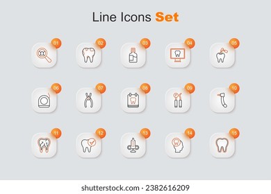 Set line Tooth, Toothache, Syringe, Broken tooth, drill, Dental mirror and probe and Calendar with icon. Vector