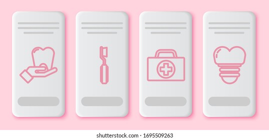 Ajuste la línea Diente, Toothcel, Kit de primeros auxilios e implante dental. Botón rectángulo blanco. Vector