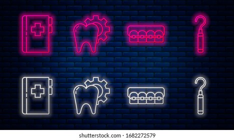 Fije la línea de tratamiento dental, Dientes con llaves, Portapapeles con tarjeta dental y Escalador Dental para dientes. Icono de neón brillante en la pared de ladrillo. Vector