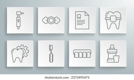 Ajuste el procedimiento de tratamiento dental de la línea, Candy, Toothcel, Modelo Dentures, Botella plástica de lavado de boquilla, Portapapeles con tarjeta dental, Paletas de dientes e ícono de taladro. Vector