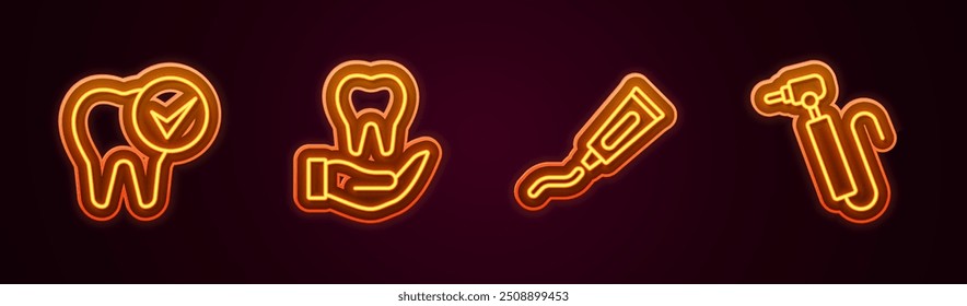 Set línea de dientes, tubo de pasta de dientes y taladro. Icono de neón brillante. Vector