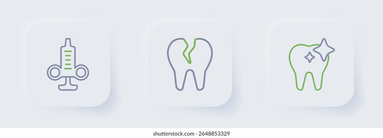 Set line Tooth whitening, Broken tooth and Syringe icon. Vector