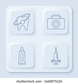 Set line Tooth whitening concept, First aid kit, Tube of toothpaste and Dental medical syringe. White square button. Vector