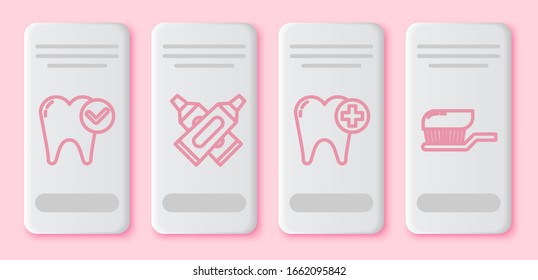 Fijar el concepto de blanqueamiento dental, Tubo cruzado de pasta dentífera, Diente y cepillo dentífrico con pasta dentífrica. Botón rectángulo blanco. Vector