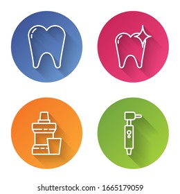 Set line Tooth, Tooth whitening concept, Mouthwash plastic bottle and Tooth drill. Color circle button. Vector