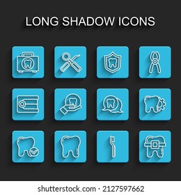 Set line Tooth whitening concept, First aid kit, Toothbrush, Teeth with braces, treatment procedure and icon. Vector