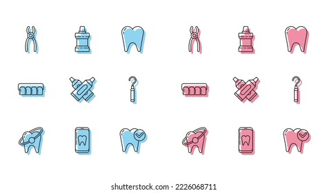 Set line Tooth whitening concept, Online dental care, Dental pliers, Crossed tube of toothpaste, explorer scaler for teeth, Dentures model and Mouthwash plastic bottle icon. Vector