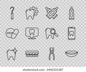 Set line Tooth whitening concept, Smiling lips, Crossed tube of toothpaste, Teeth with braces, Dental explorer scaler for teeth, clinic location, pliers and Online dental care icon. Vector