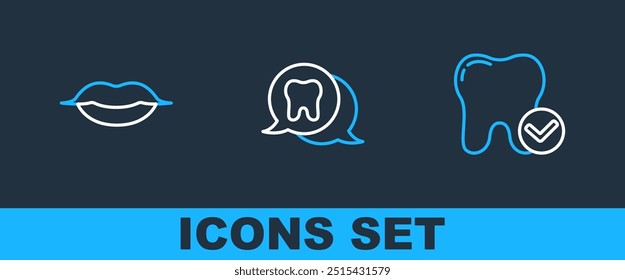 Set line Tooth whitening concept, Smiling lips and  icon. Vector