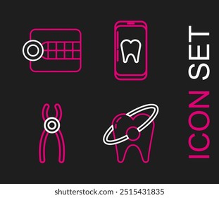 Set Linie Zahnaufhellung Konzept, Zahnzange, Online Zahnpflege und Zahnersatz Modell Symbol. Vektorgrafik