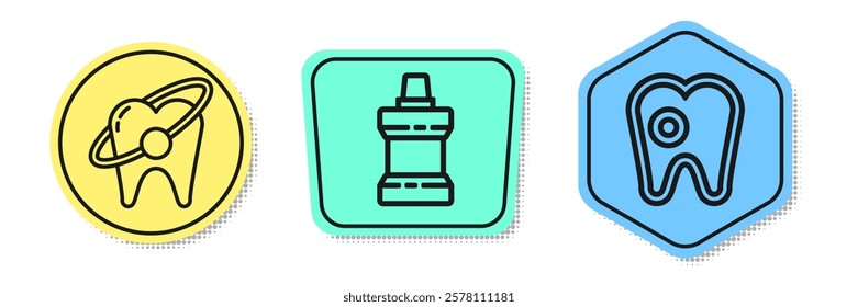 Set line Tooth whitening concept, Mouthwash plastic bottle and Tooth with caries. Colored shapes. Vector