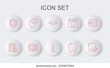 Set line Tooth whitening concept, Dental card, Smiling lips, protection, Human head with tooth, clinic location and Painkiller tablet icon. Vector