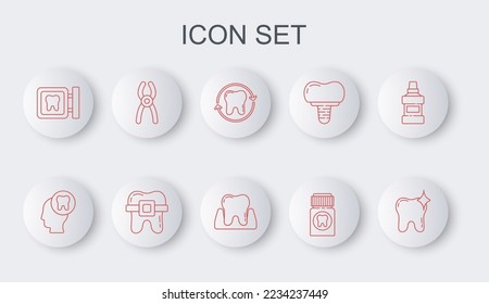 Set line Tooth whitening, Human head with tooth, Painkiller tablet, Dental clinic location, pliers, Teeth braces and  icon. Vector