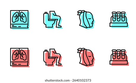 Set line Toothache, Lungs x-ray, Constipation and Test tube with blood icon. Vector