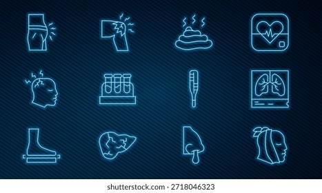 Set line dolor de muelas, radiografía de pulmones, mierda, tubo de ensayo con sangre, hombre que tiene dolor de cabeza, distensión abdominal, termómetro médico y dolor de articulaciones, icono de dolor de rodilla. Vector
