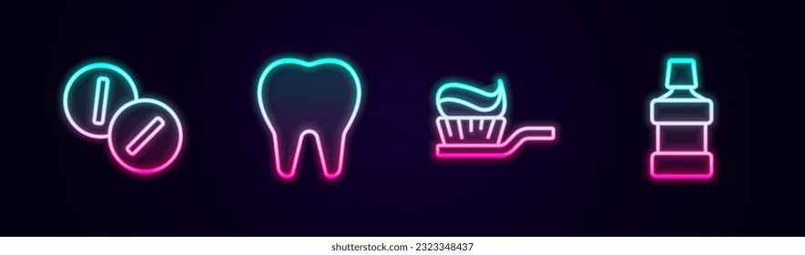 Set line Toothache painkiller tablet, Toothbrush with toothpaste and Mouthwash. Glowing neon icon. Vector