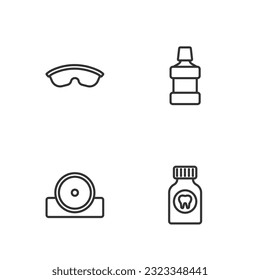 Set line Toothache painkiller tablet, Otolaryngological head reflector, Safety goggle glasses and Mouthwash icon. Vector