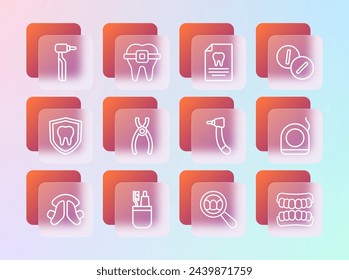 Set line Toothache painkiller tablet, Toothbrush and toothpaste, drill, Dental search, pliers, Clipboard with dental card,  and Teeth braces icon. Vector